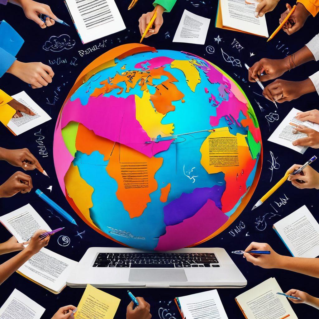 A dynamic digital collage showcasing diverse people of different backgrounds engaged in writing and sharing their thoughts in colorful online journals. Include elements like vibrant pages floating, a glowing pen, and inspirational quotes in the background. Emphasize creativity and connection through social media icons and a globe symbolizing sharing ideas worldwide. surrealistic. vibrant colors. 3D.