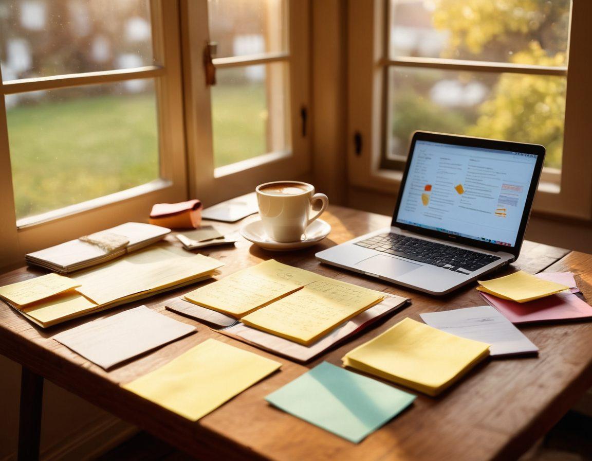 An open digital diary on a wooden table, surrounded by vibrant post-it notes and coffee cups, evoking a sense of personal reflection and community insights. The diary pages feature handwritten notes and sketches, while a laptop in the background displays a blog interface. Gentle sunlight filters through a nearby window, casting soft shadows. The atmosphere is cozy and inviting. super-realistic. warm tones. soft lighting.